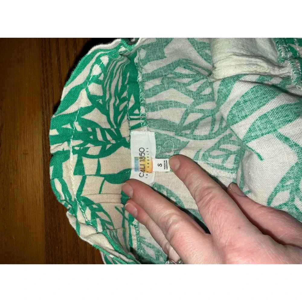 Cali 1850 Green Palm Leaf Linen Blend Paperbag‎ Waist Shorts Small